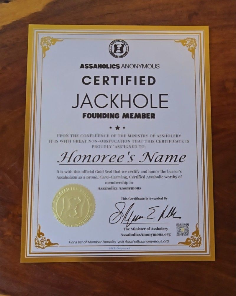G-Rated Official "Certified Jackhole" Gold Seal Certificate